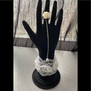 White Lace Cuff Bracelet With Attached Rose Ring
